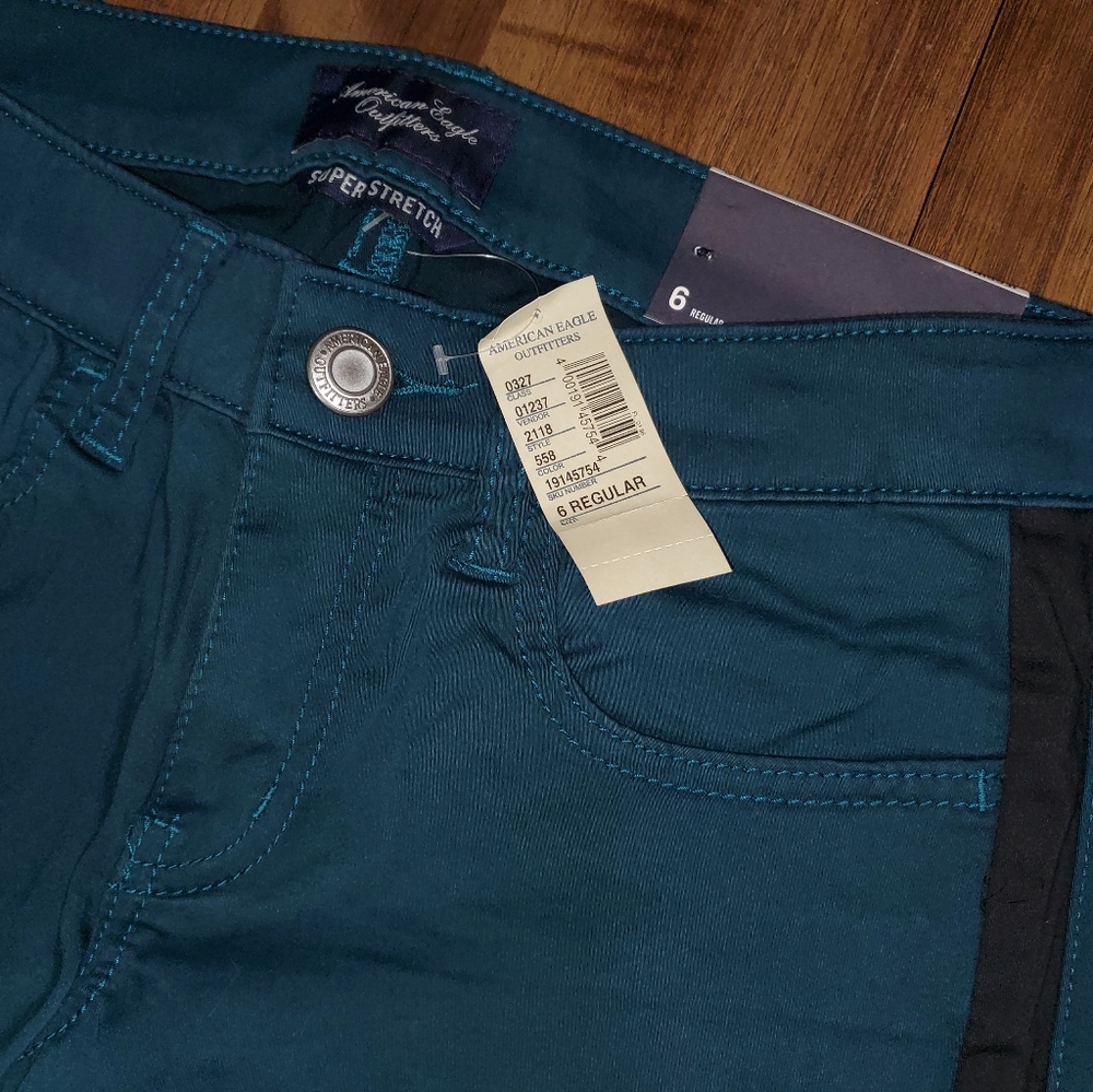 NWT Women's American Eagle Tuxedo Pants - Peacock Blue with Black Leg Stripe - Picture 5 of 7